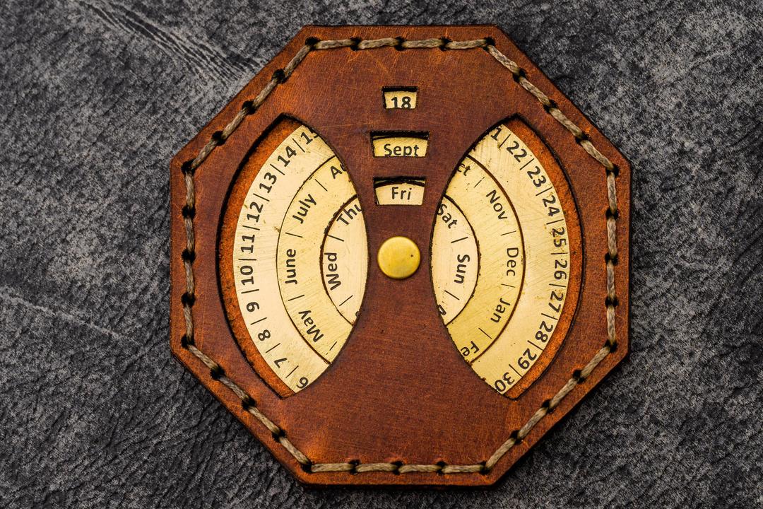 Leather and Brass Perpetual Calendar - Octagon - Crazy Horse Tan