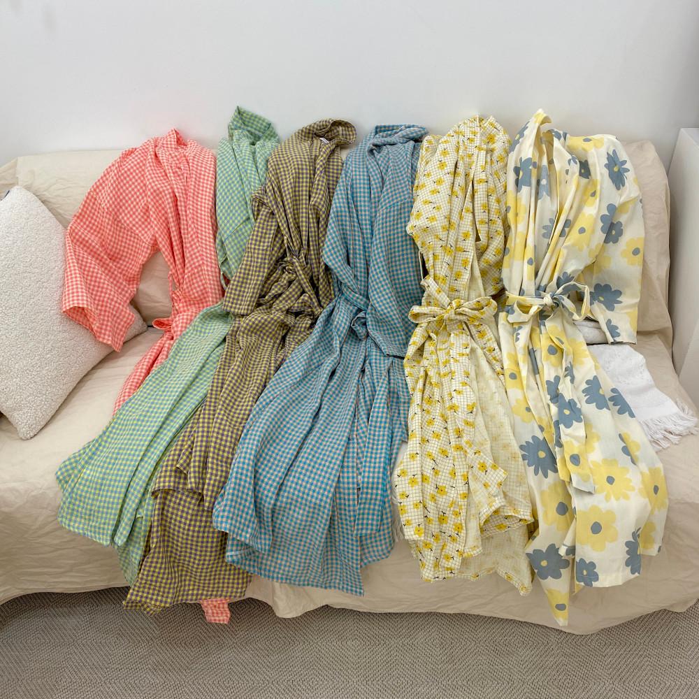 로브 잠옷 체크 여성 롱 로브 실내 가운 잠옷 까운