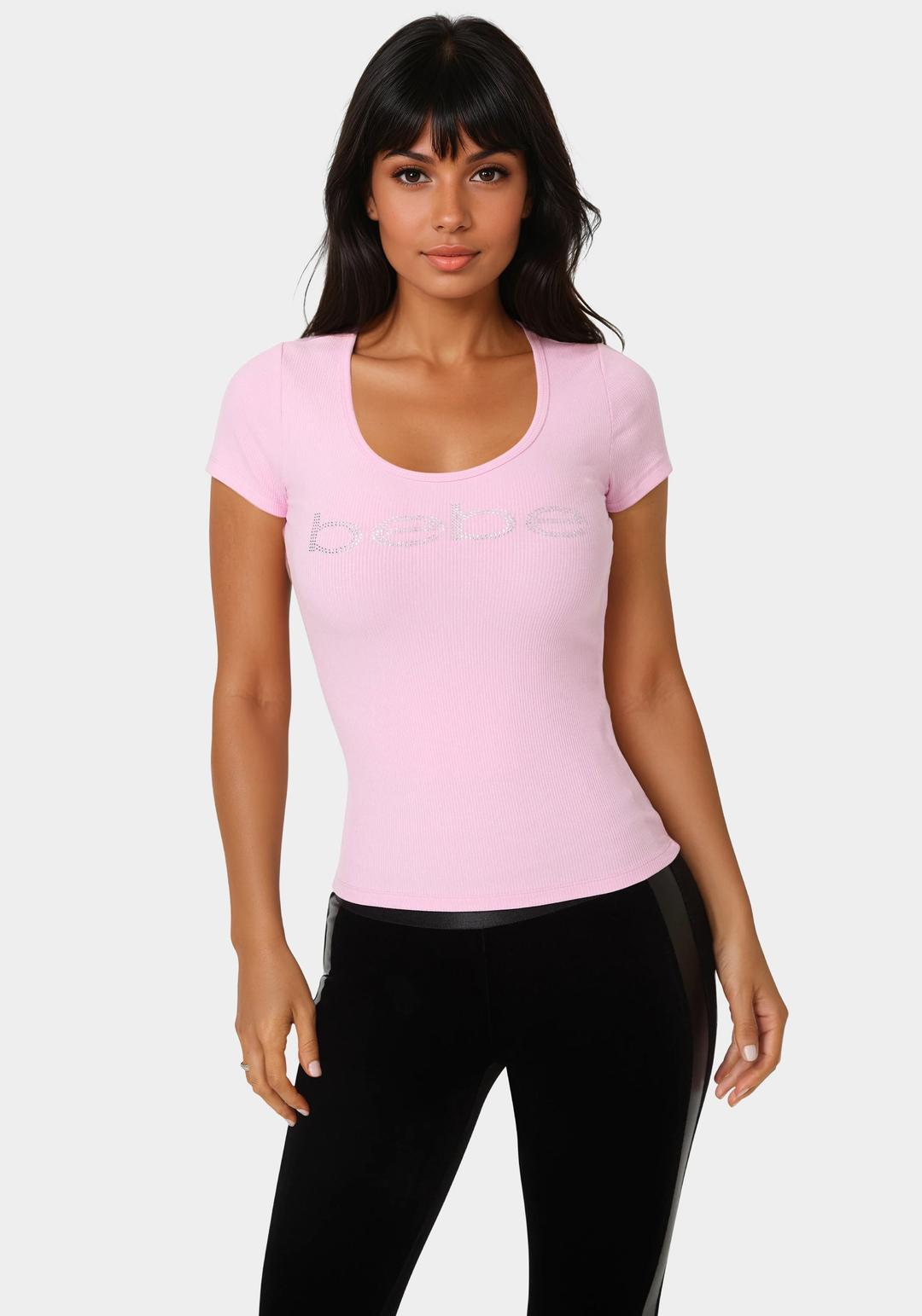 Bebe Logo Short Sleeve Round Neck Rib Top