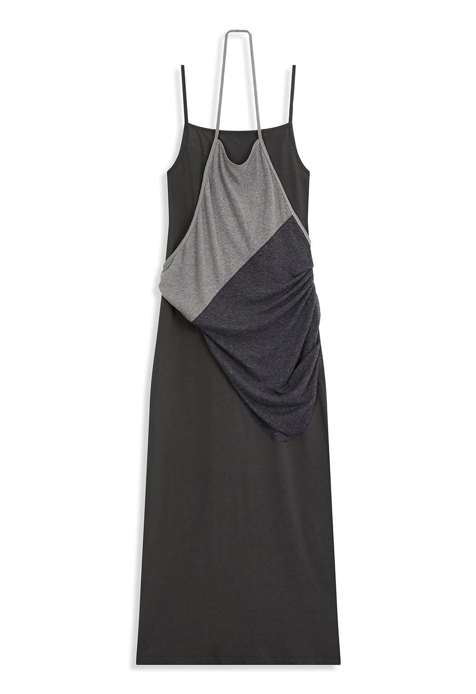 LAYERED HALTER NECK JERSEY DRESS, CHARCOAL