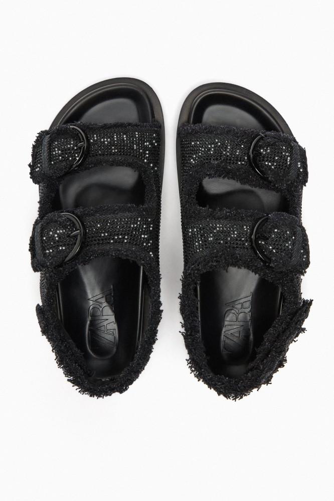 자라 공홈 글리터 패브릭 플랫 샌들 FABRIC FLAT SLIDER SANDALS WITH RHINESTONES 3663/110