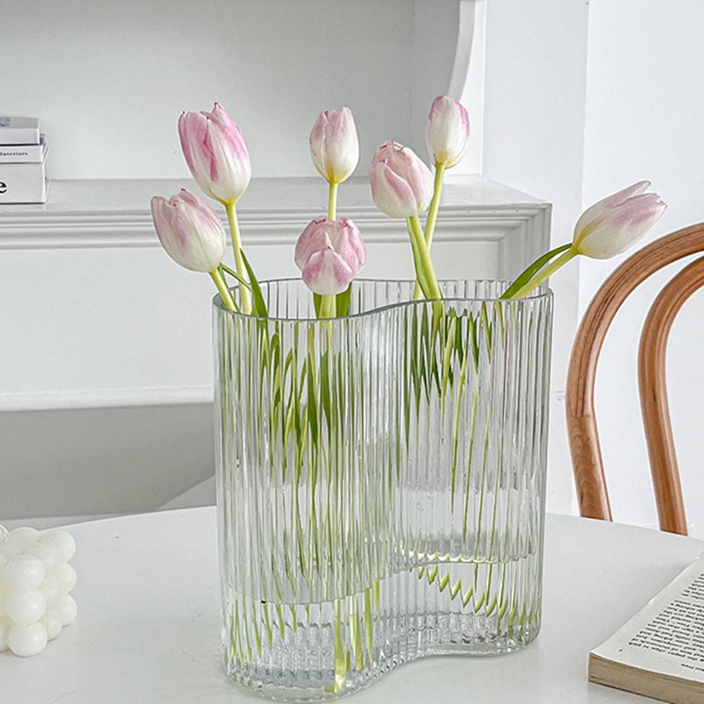 플리츠 유리 화병 줄무늬 스트라이프 대형 글라스 긴화병 입구넓은화병