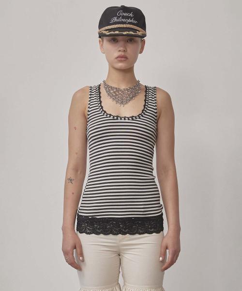 Lace Trimming Tank Top Ivory/Black
