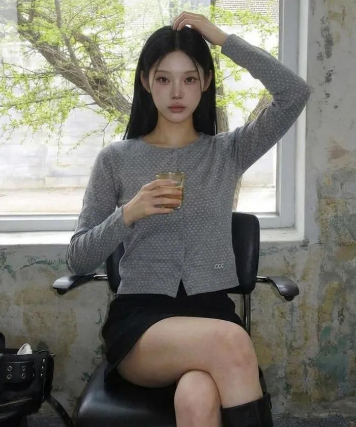 도트 패턴 라운드 가디건 멜란지