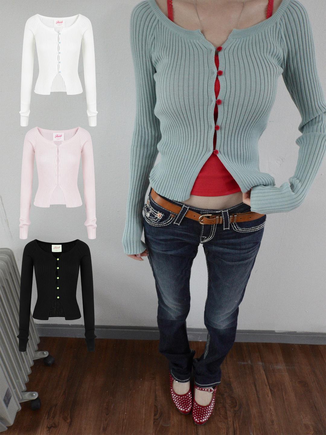 Boat-Neck Color Button Cardi