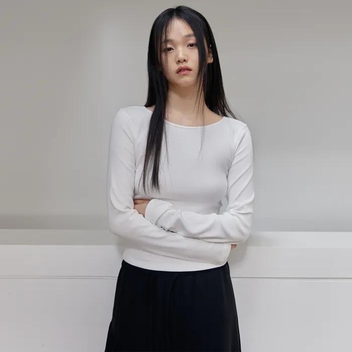 [3차] Ribbed Boat-neck Slim T-Shirts (White)