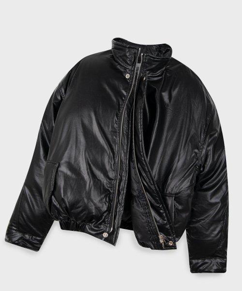 푸퍼 오버핏 레더 밴딩 자켓 패딩 점퍼  [블랙]