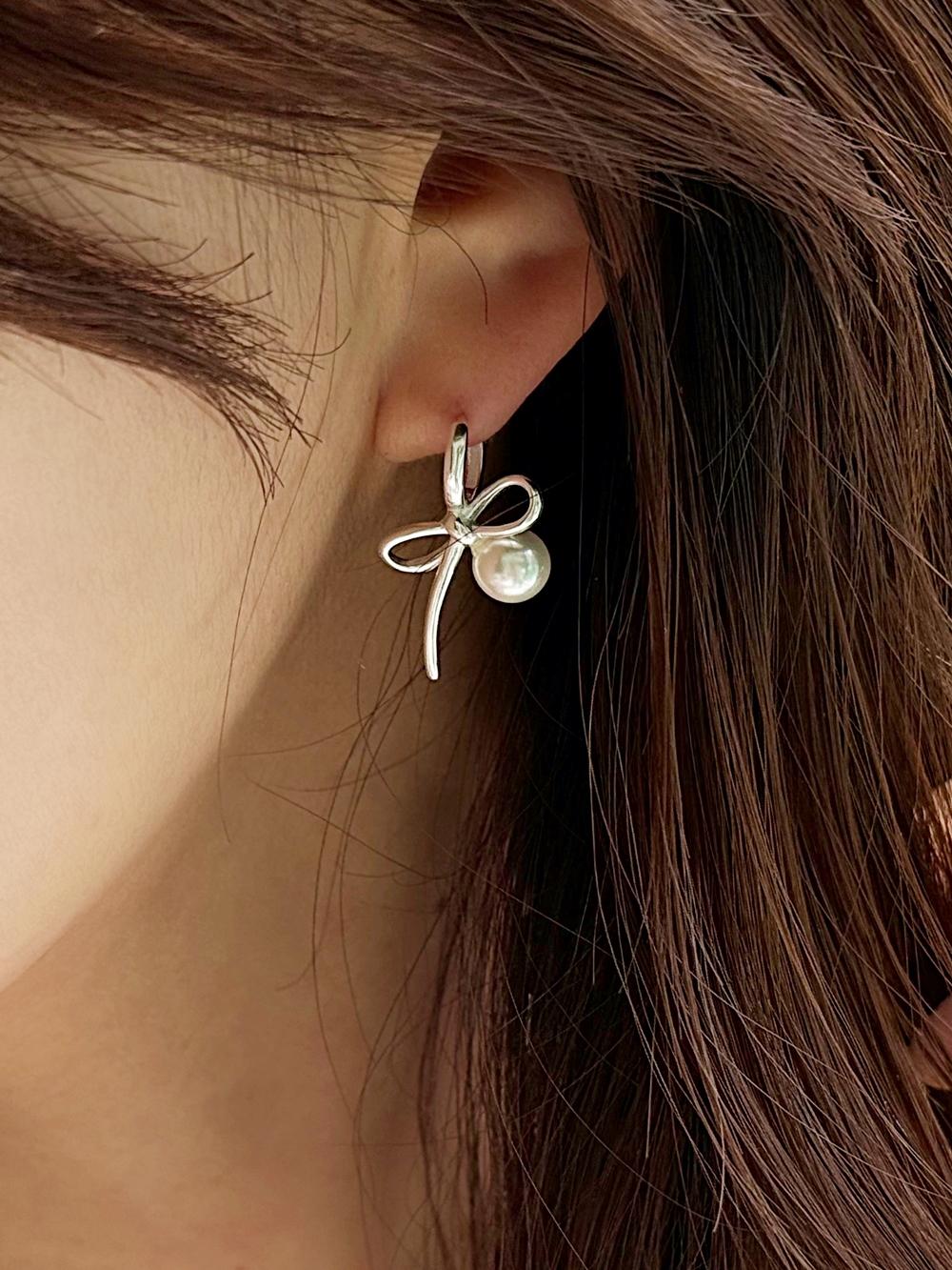 실버925 진주 리본귀걸이 원터치 미니 발레코어 링귀걸이