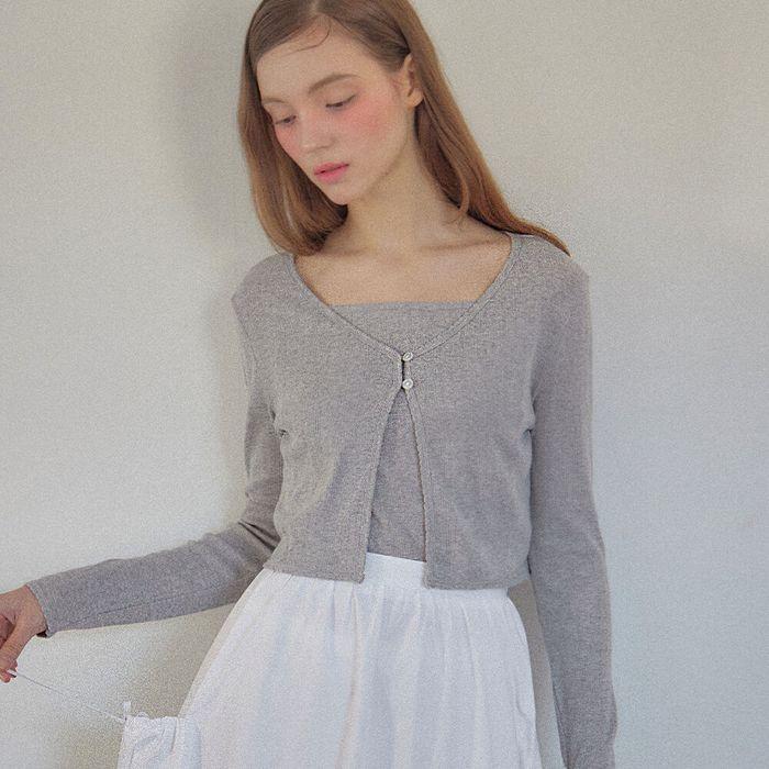 Pincoat Cardigan Sleeveless Set - Melange Grey