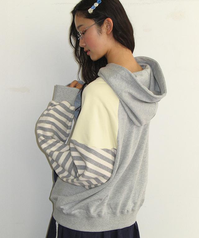 STRIPE COLOR BLOCK HOODIE GREY