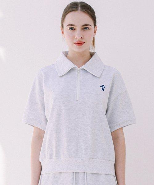 Woman Hank Logo Half Zipup T-SHIRT White Melange Gray