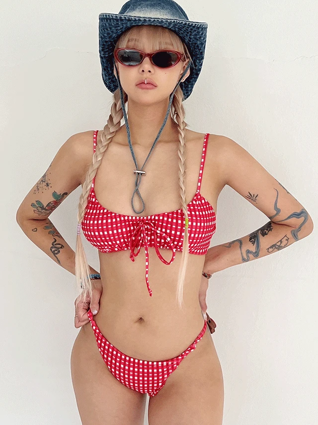 [당일출고] 하티 레드체크 셔링 비키니