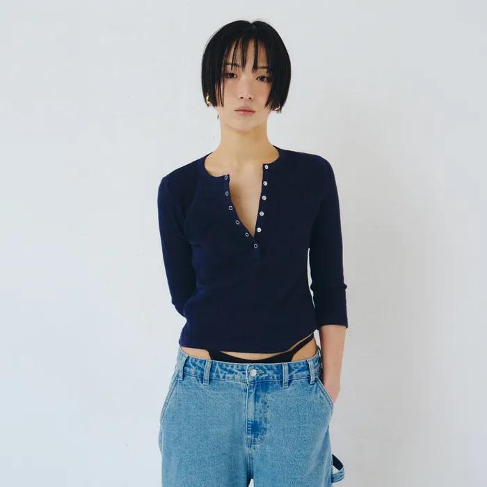 3/4 SLEEVE HENLEY T-SHIRT, NAVY