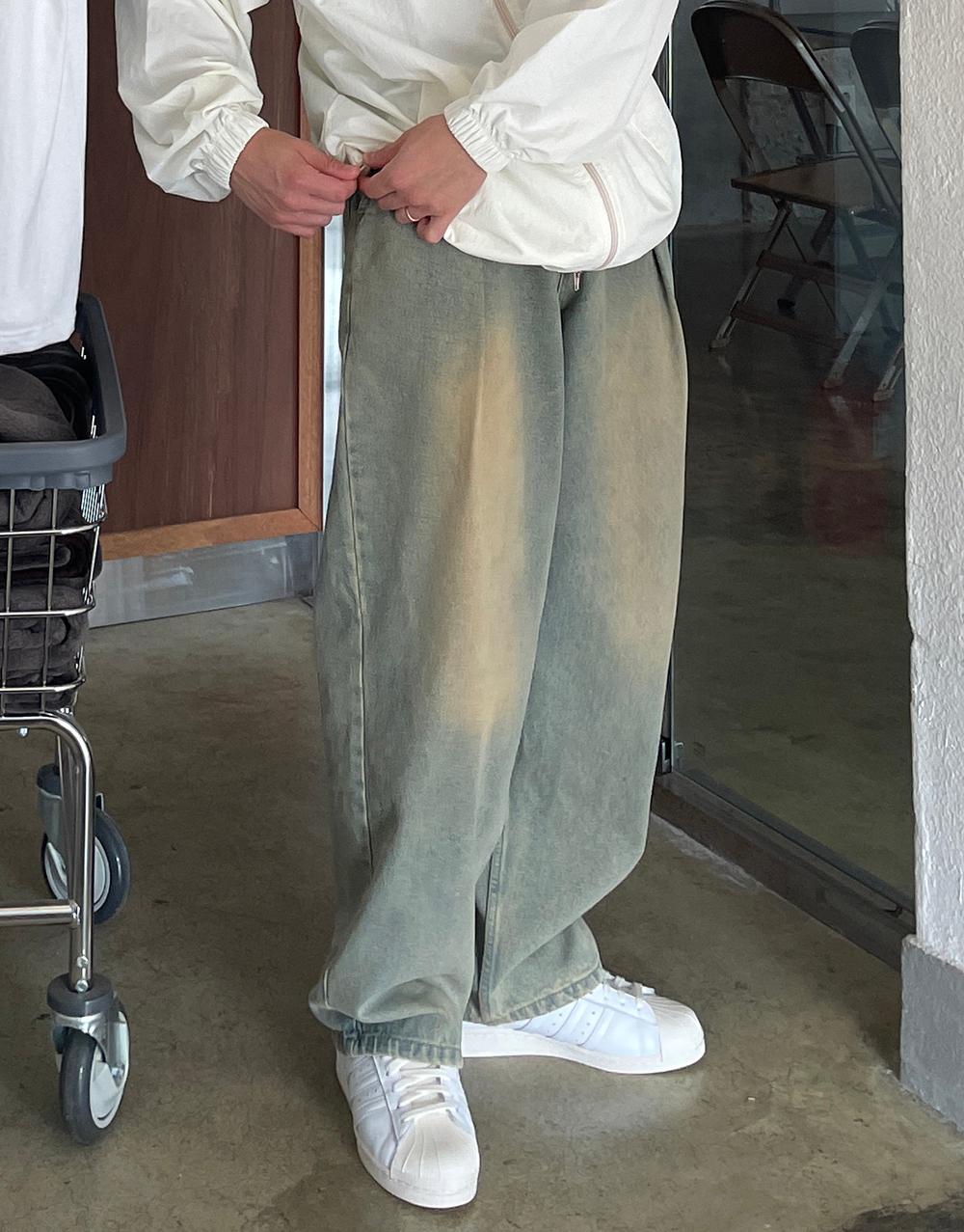 샌드워싱 빈티지 와이드 데님 팬츠