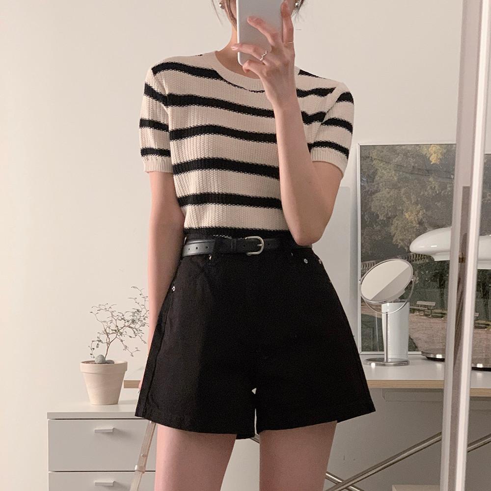 아벨 스트라이프 여름 반팔니트 (아이보리)