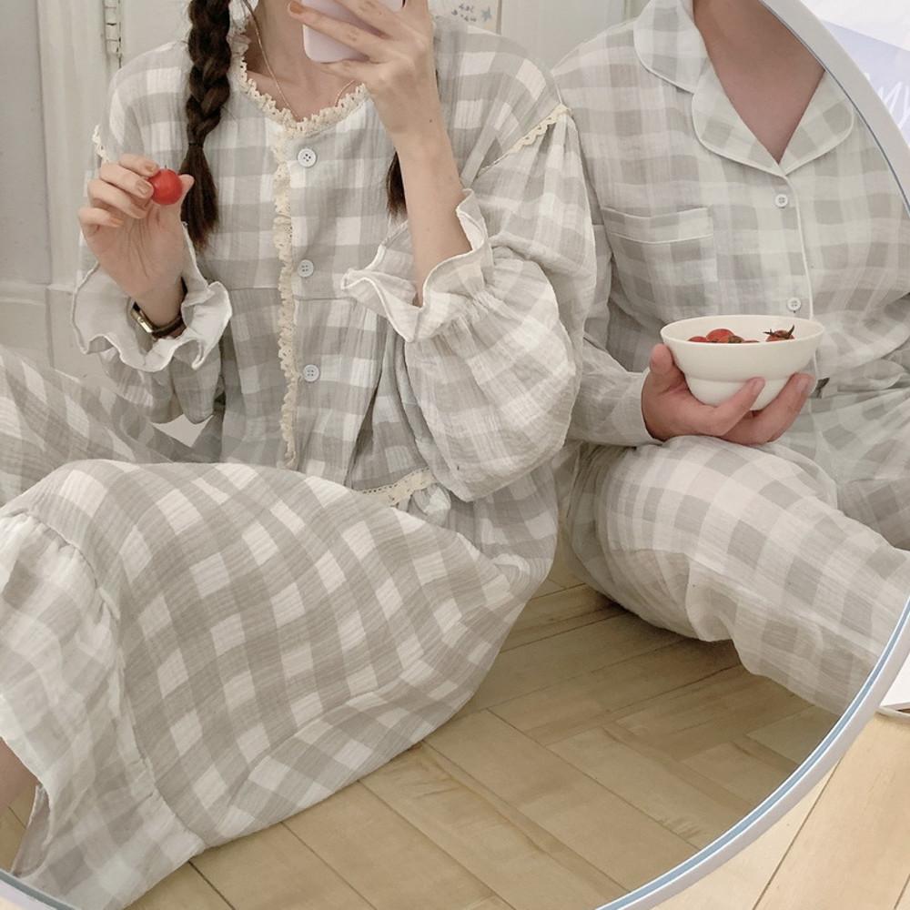 어반화이트 원피스 커플 파자마 긴팔 홈웨어