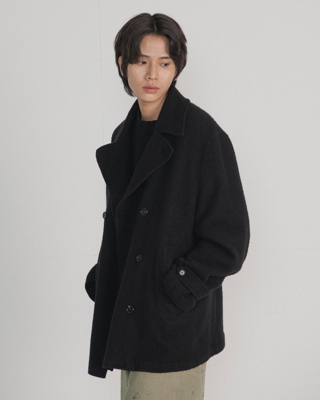 Boiled Wool Pea Coat, Black