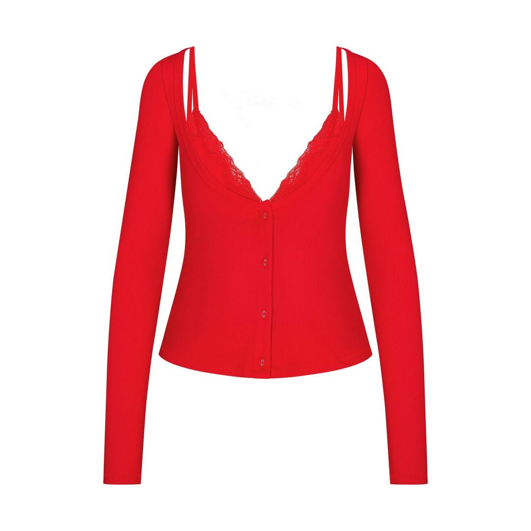 SOFT LOUNGE LACE LONG SLEEVE TOP WITH BRALETTE | CHERRY