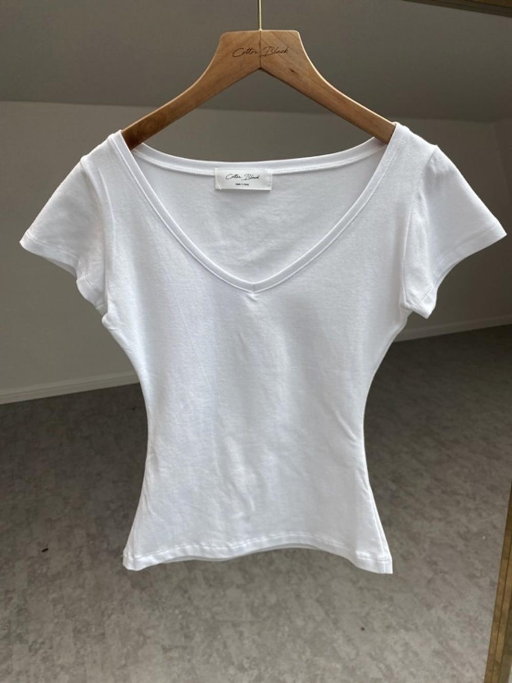 코튼블랙 [당일발송][자체제작] 여름 딥브이넥 슬림 면 스판 반팔티 5컬러