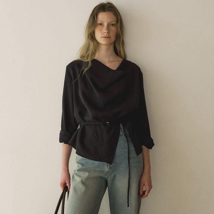 [6th 05/14 예약배송] Cowl-neck belted blouse_Charcoal