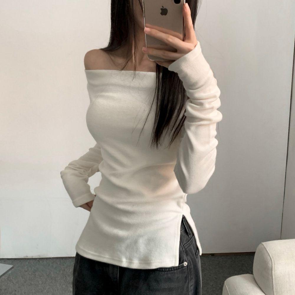 잇쇼제이 [뽀송기모/쫀득] 밸리 소프트 스판 기모 보트넥 오프숄더 긴팔 티셔츠