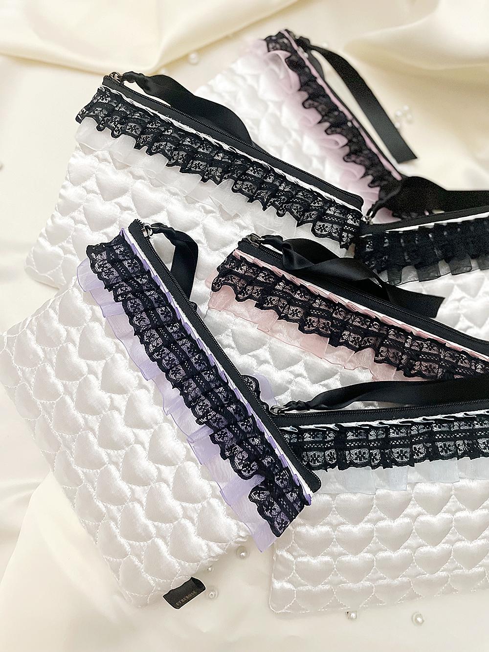 [ORDER] Double Lace Heart Satin Zip-pouch (M/6color)