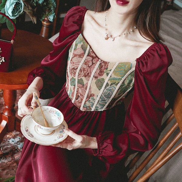 크림슨 플라워 자카드 새틴 롱 원피스 op0212