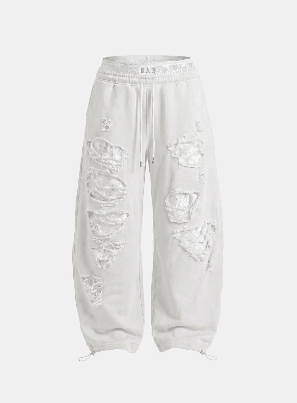 [5/22 발송] [w-pts26-103] 레이스 레이어드 디스트레스드 조거 - 화이트