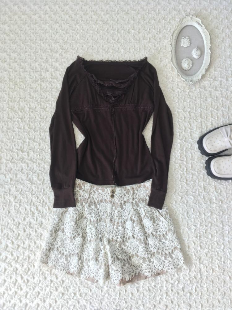 jpn vintage brown lace frill long sleeve blouse