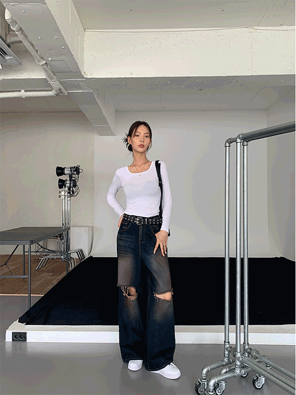 케이바 빈티지 워싱 와이드핏 데미지 데님 팬츠