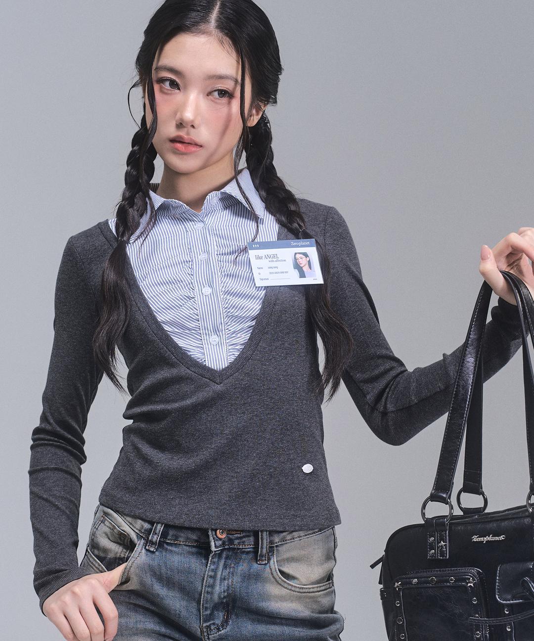 케이티 레이어드 롱 슬리브 탑 [CHARCOAL]