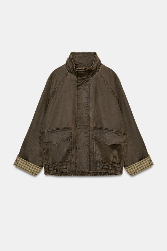 페이크 워싱 체크 왁스 재킷