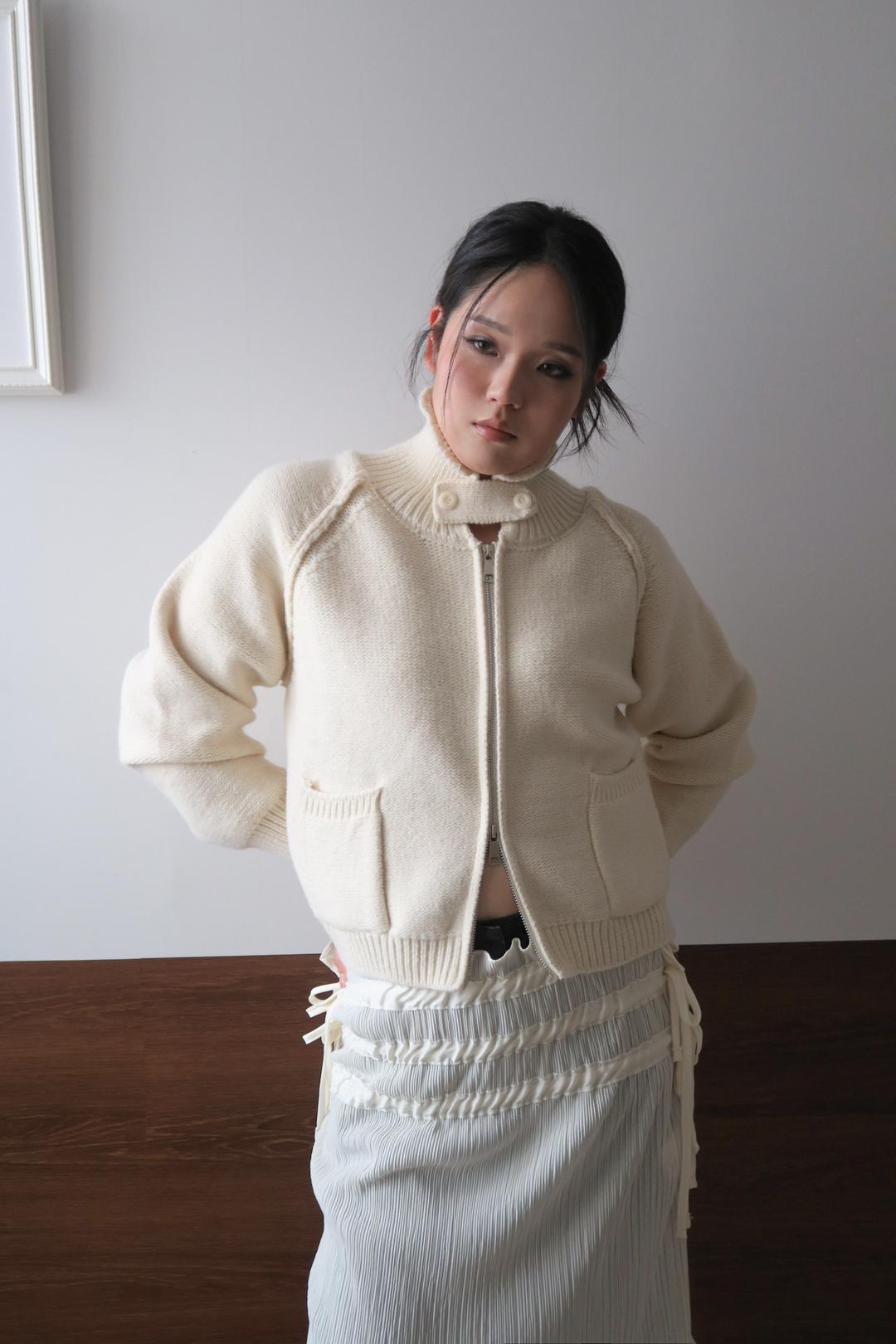 Hanel button knit zip-up cardigan