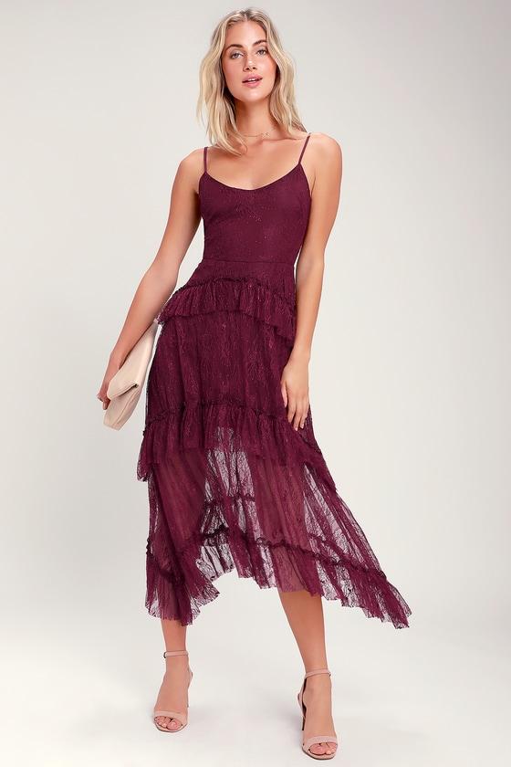 Wonderfully Whimsical Burgundy Lace Ruffled Midi Dress