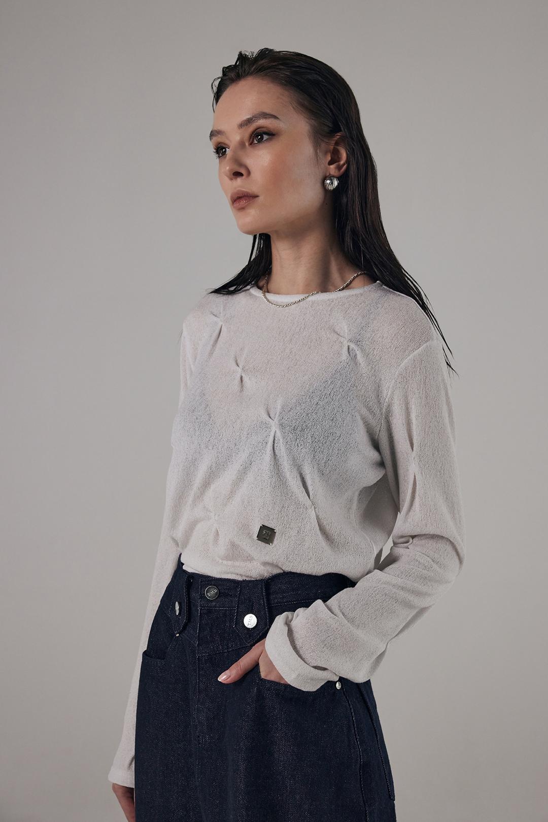 Bar-Tack See-Through Long Sleeves [ White ]