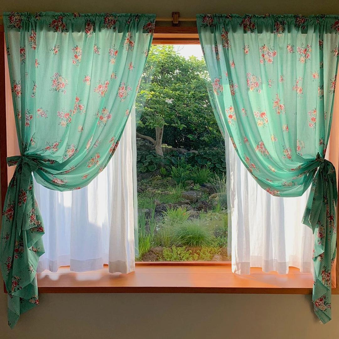 green floral check fabric