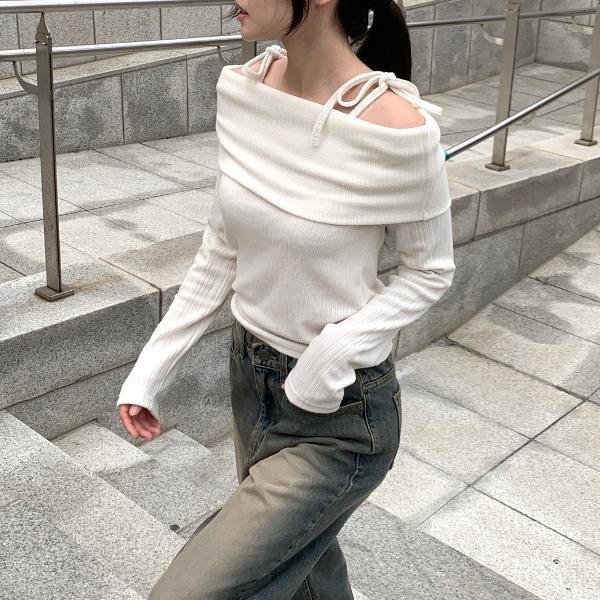 호지 리본 오프숄더 니트T(3colors)