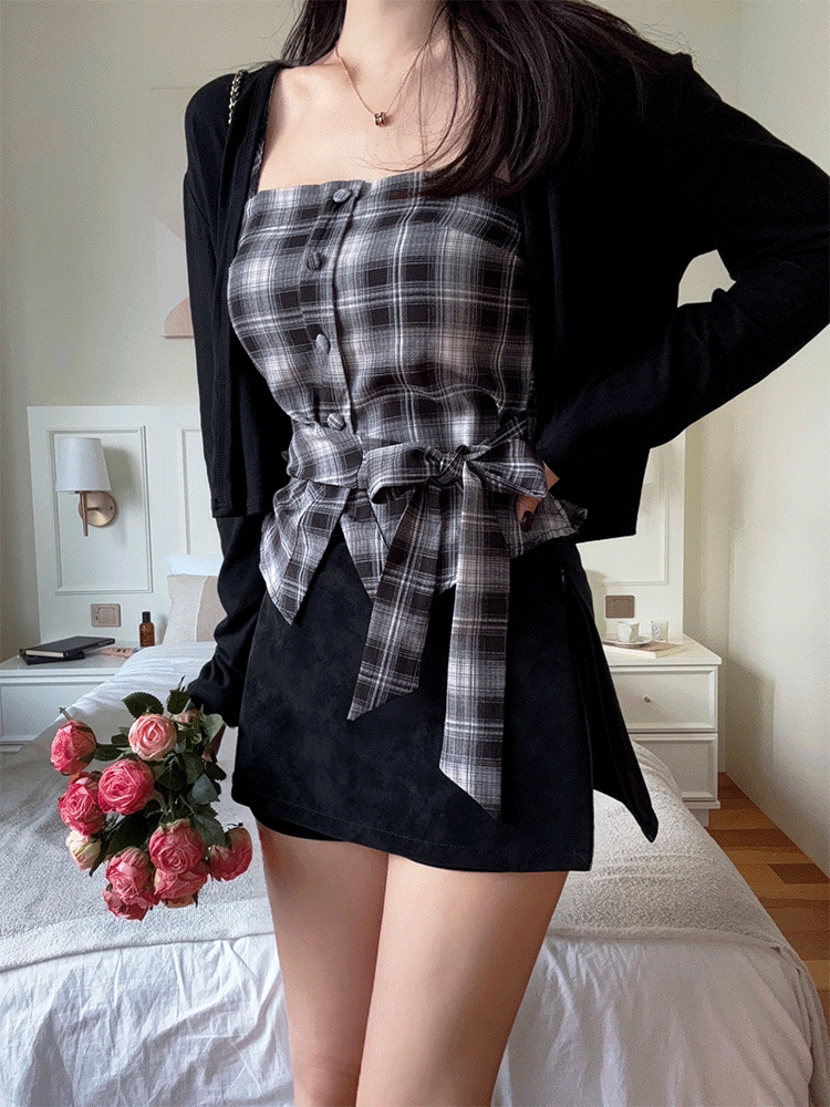 블랑 체크 나시 가디건 세트