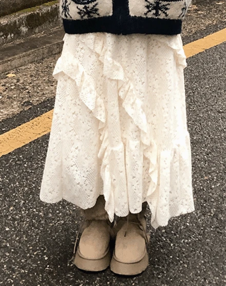 [러블리❄️/겉기모] 델러킨 사선 레이스 밴딩 플라워 캉캉 롱스커트