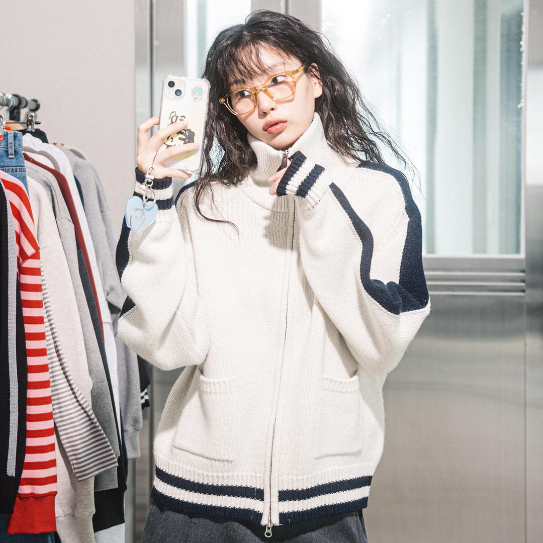 WOOL VARSITY KNIT ZIPUP JACKET(IVORY)