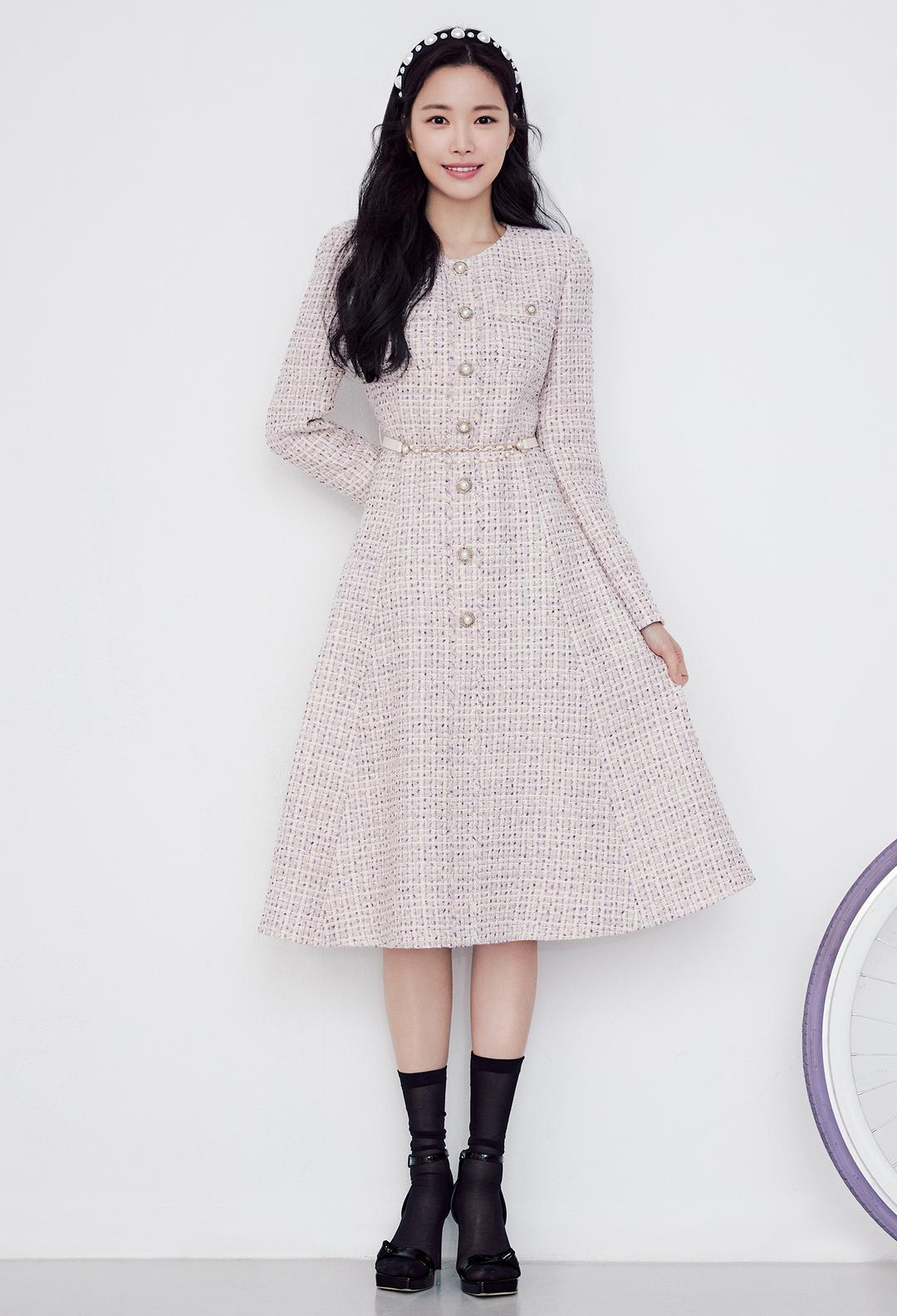 펄버튼 플레어 트위드 원피스 (LILAC)