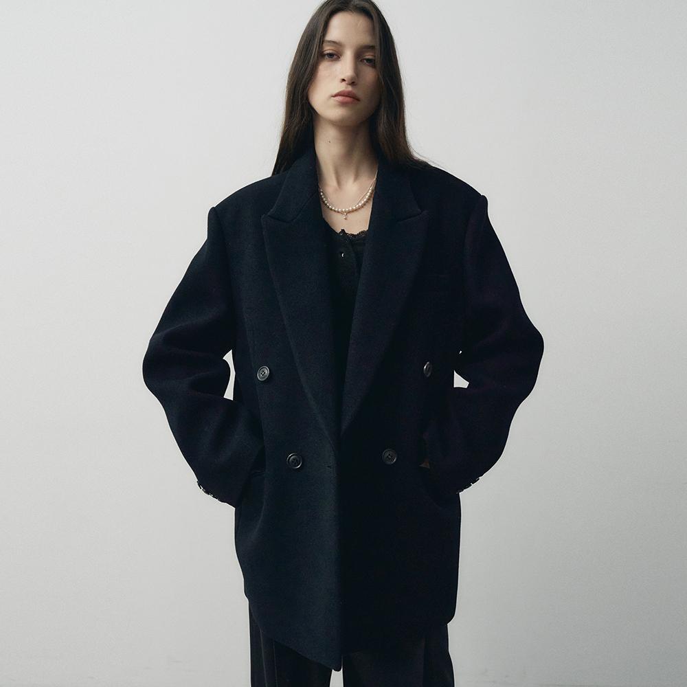 헤비 울 더블 브레스티드 하프 코트 (블랙)