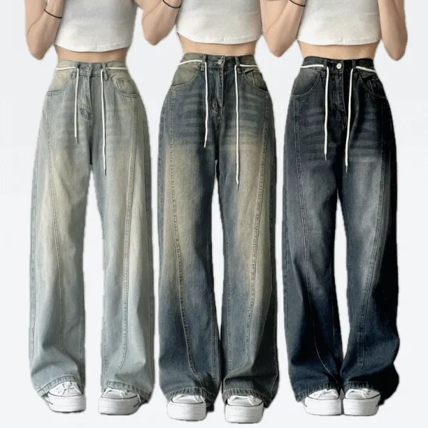 당일발송🚀핏/색감보장💗 절개라인 스트링 와이드 하이웨스트 빈티지 워싱 뒷밴딩 데님 롱 팬츠 키작녀 키큰녀 3color / 스트링 탈부착가능!