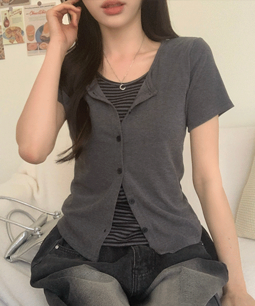 라뷰마켓 반팔&긴팔 일체형! 하나로 입는 스트라이프 레이어드 여유핏 반팔 가디건 2color [단가라티/레이어드가디건/스트라이프티/루즈핏가디건/루즈핏긴팔티]