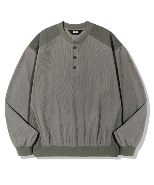 와플 배색 헨리넥 맨투맨_카키