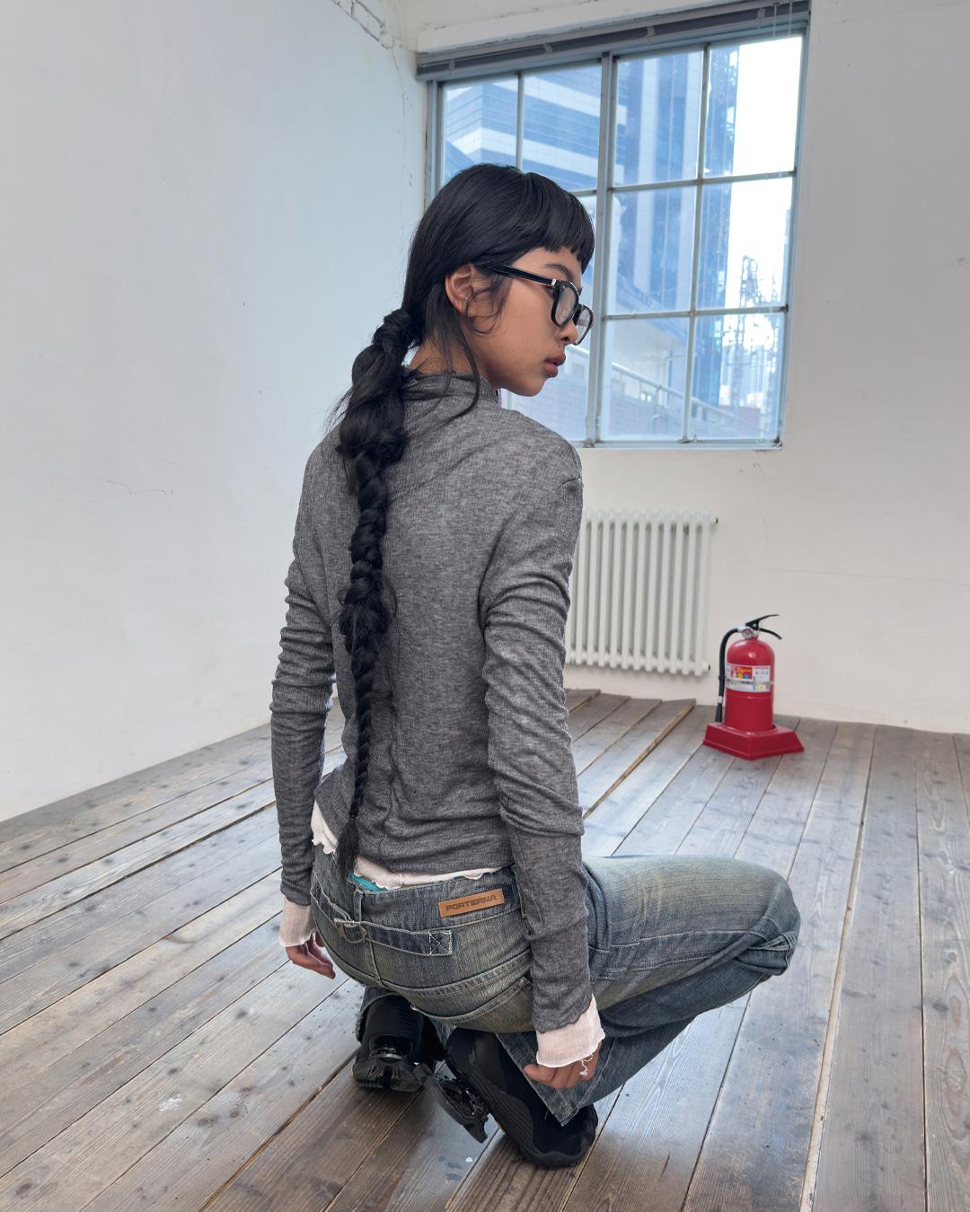 LINING SHEER TURTLE NECK T-SHIRT-MELANGE CHARCOAL