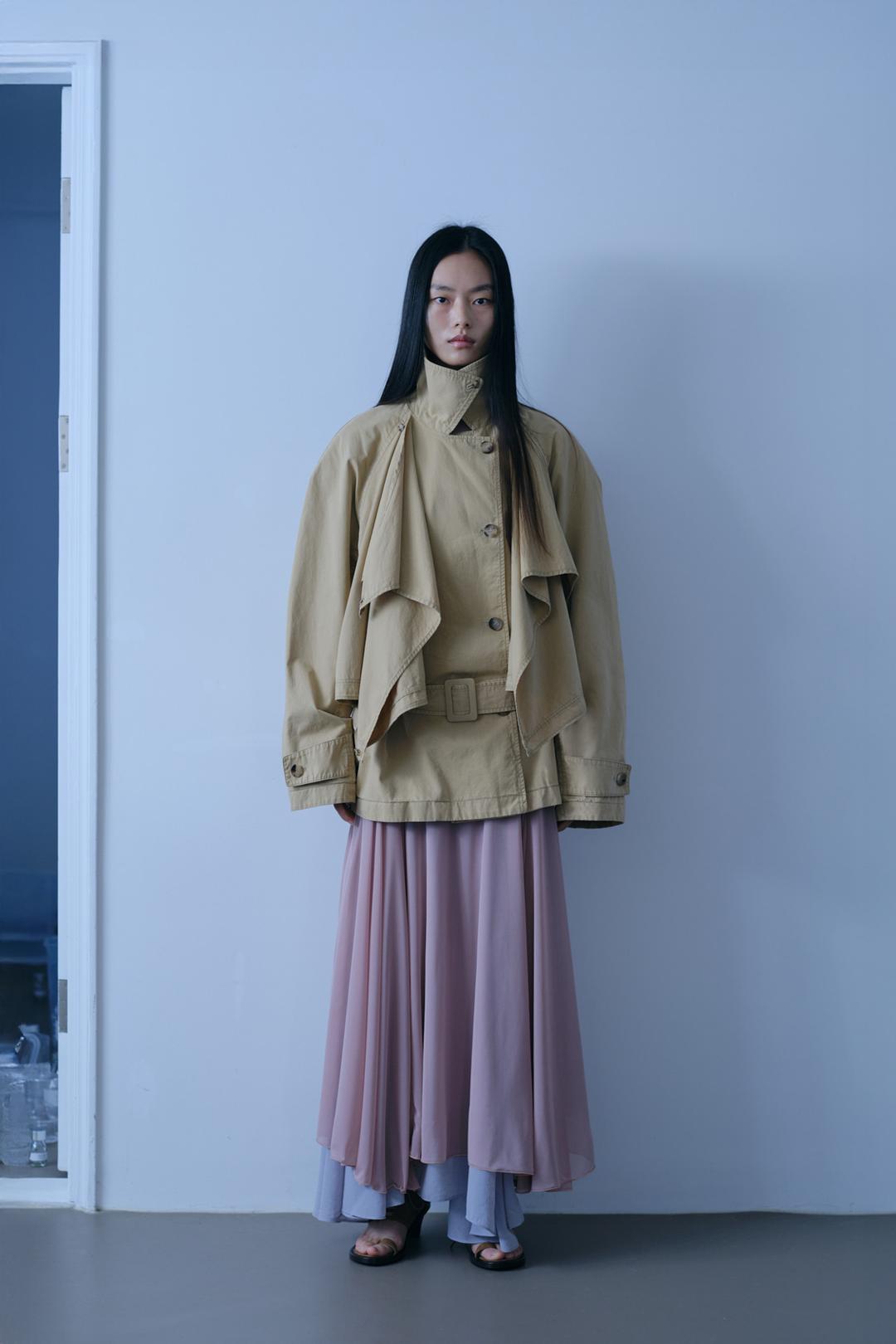 Washed Draped Belted Trench Jacket (sunwashed beige, washed charcoal)