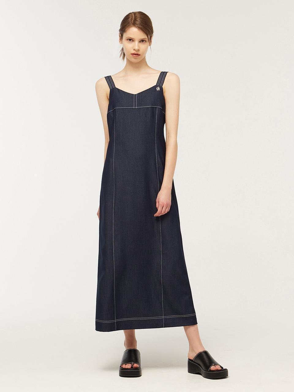 배색 스티치 스트랩 롱 원피스 _NAVY