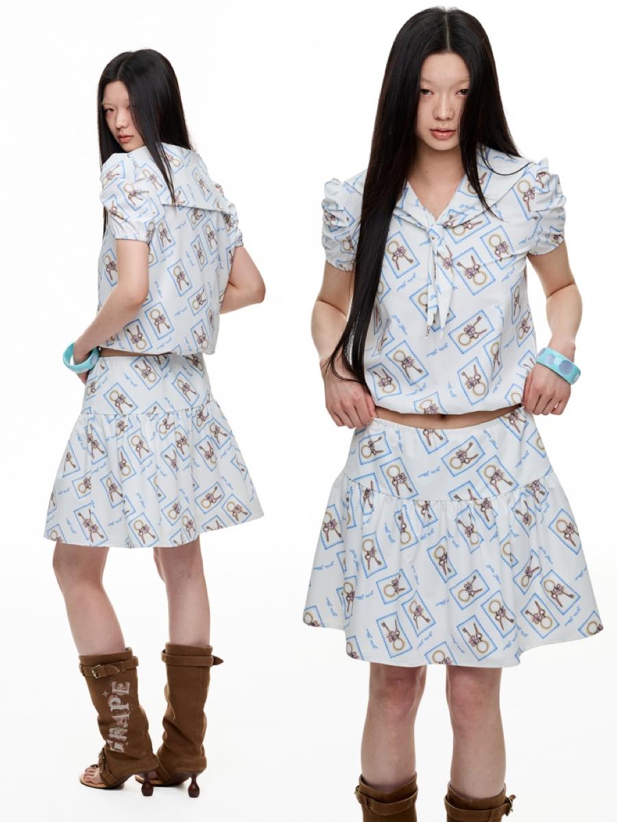 JIKOO Key Summer Print Top & Pleats Skirt Set