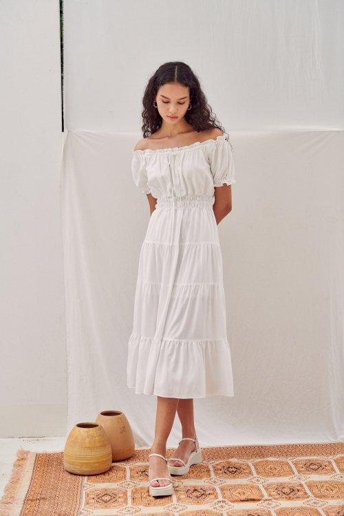 White off-shoulder shirring dress